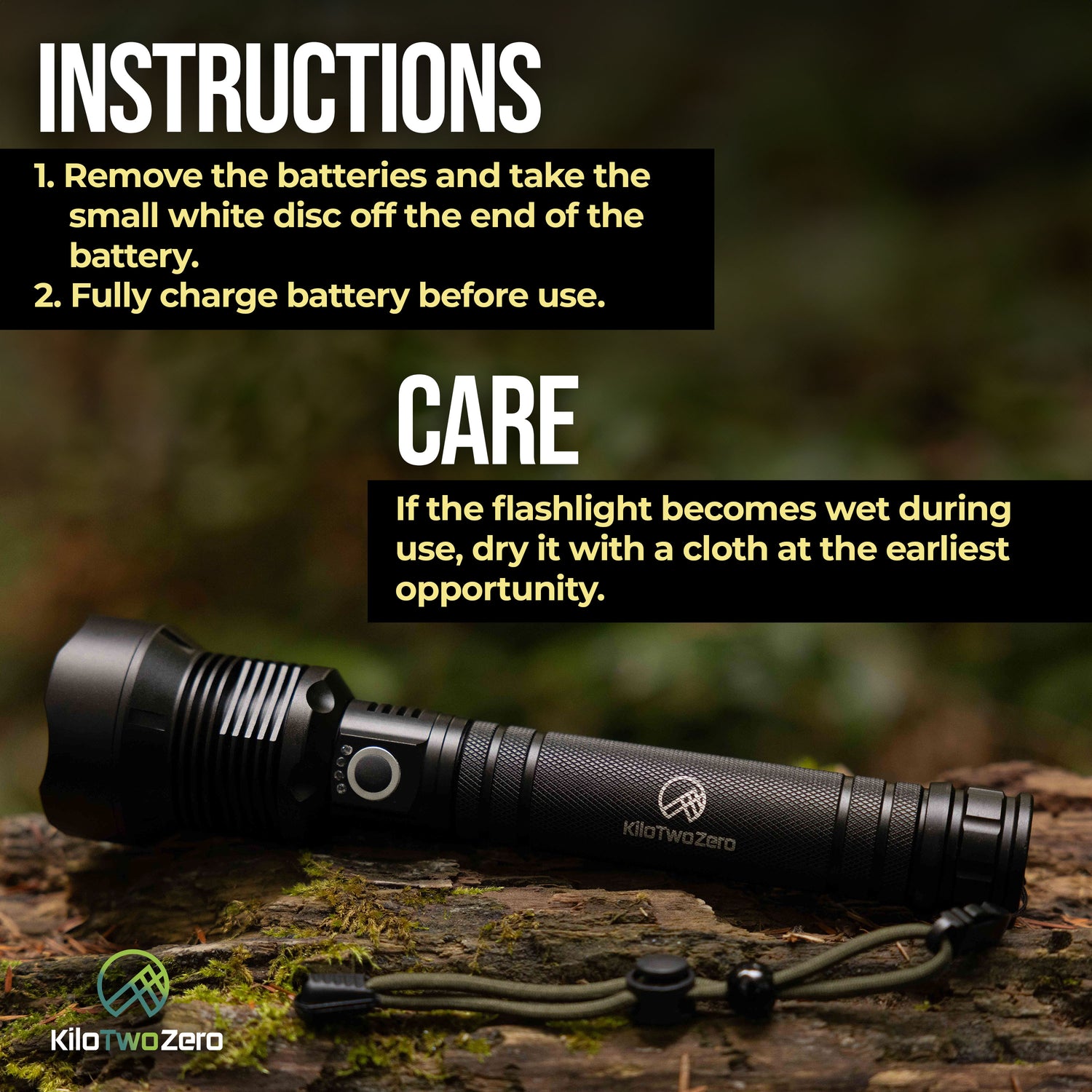 Guardian 2.0 Flashlight on a log with Instructions and Care information