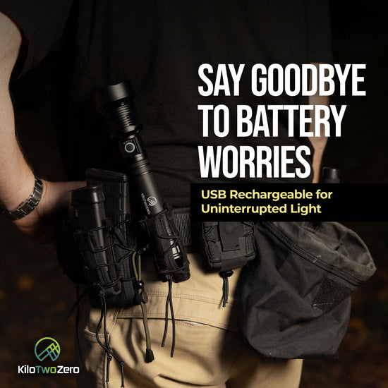 Long-lasting rechargeable Guardian 2.0 Flashlight in a tactical belt